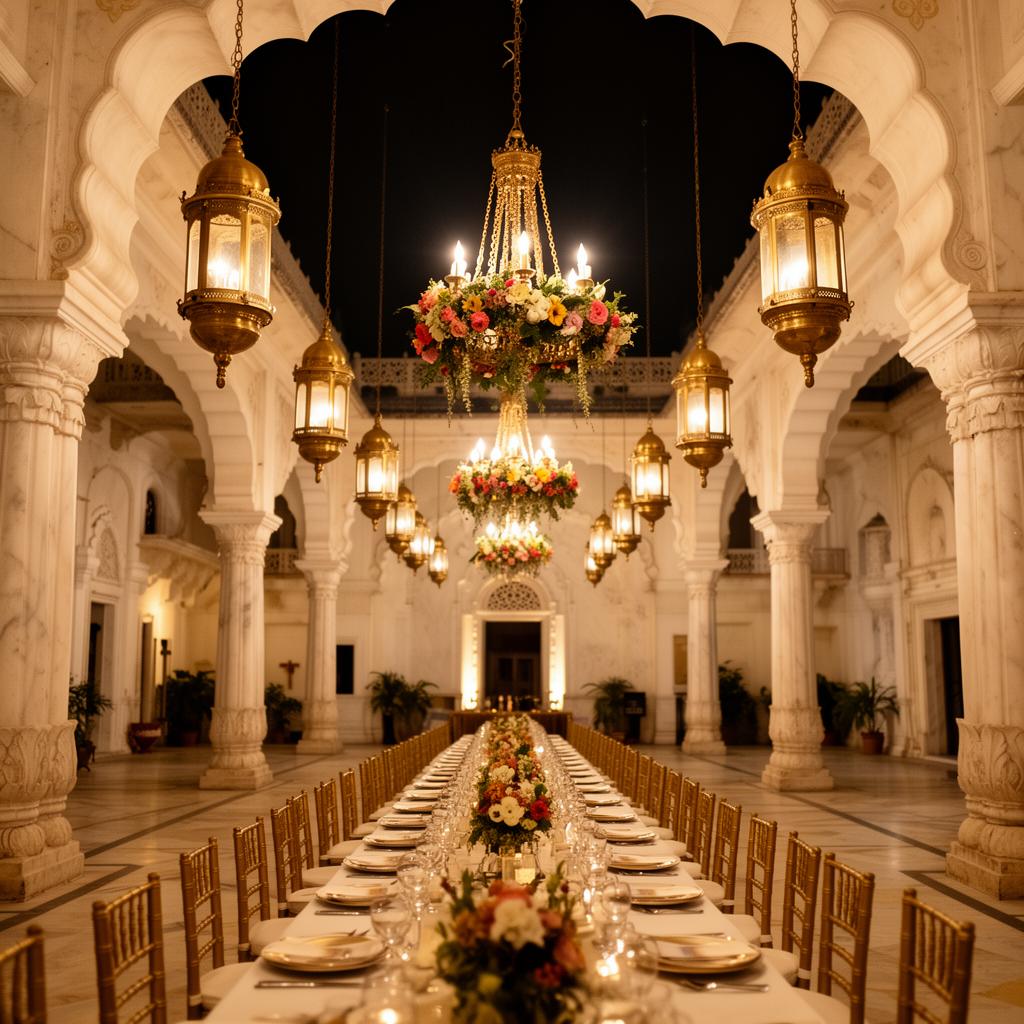 A grand candlelit ballroom prepared for a Grandezza wedding